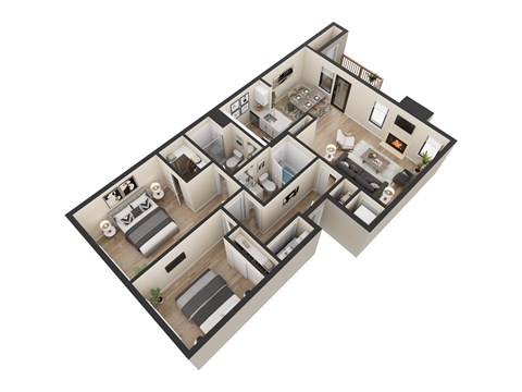 Floor plan for 2 beds, 2 baths, 986 sqft